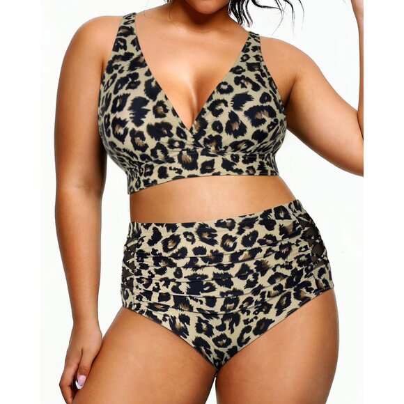 Yonique Women's 16 PLUS Leopard Bikini High Waisted Swimsuits Two Piece NEW! - Picture 3 of 4